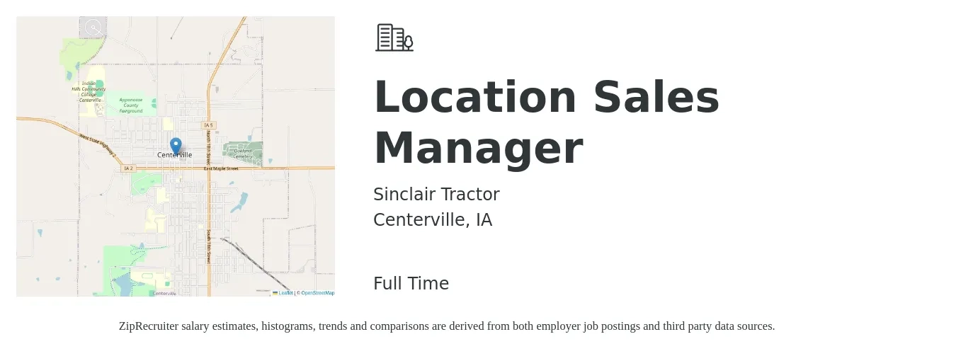 Sinclair Tractor job posting for a Location Sales Manager in Centerville, IA with a salary of $37,100 to $79,500 Yearly with a map of Centerville location.