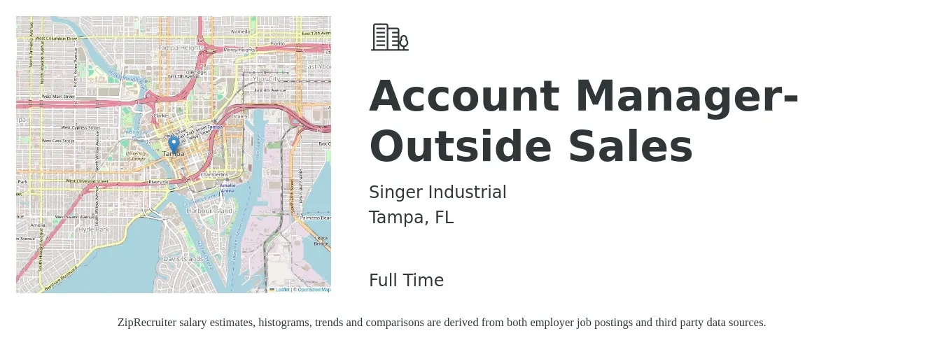 Singer Industrial job posting for a Account Manager-Outside Sales in Tampa, FL with a salary of $61,400 to $87,900 Yearly with a map of Tampa location.