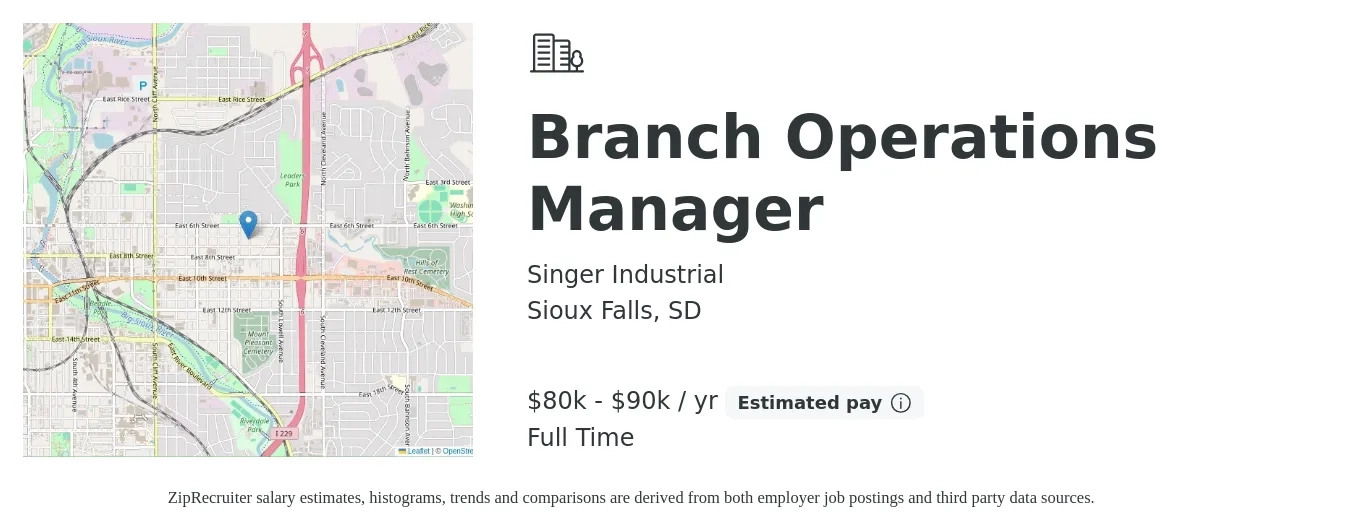 Singer Industrial job posting for a Branch Operations Manager in Sioux Falls, SD with a salary of $52,000 to $83,300 Yearly with a map of Sioux Falls location.