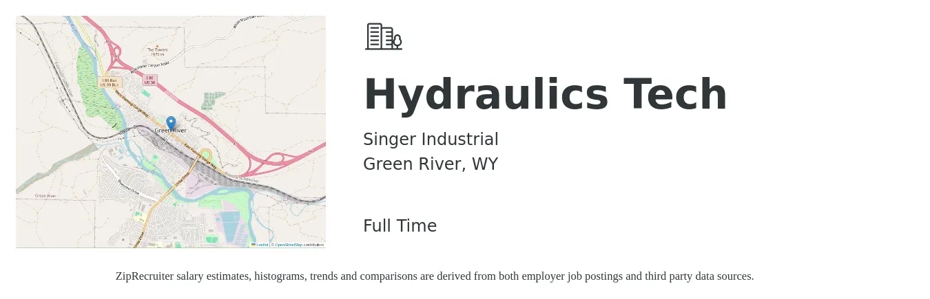 Singer Industrial job posting for a Hydraulics Tech in Green River, WY with a salary of $22 to $32 Hourly with a map of Green River location.