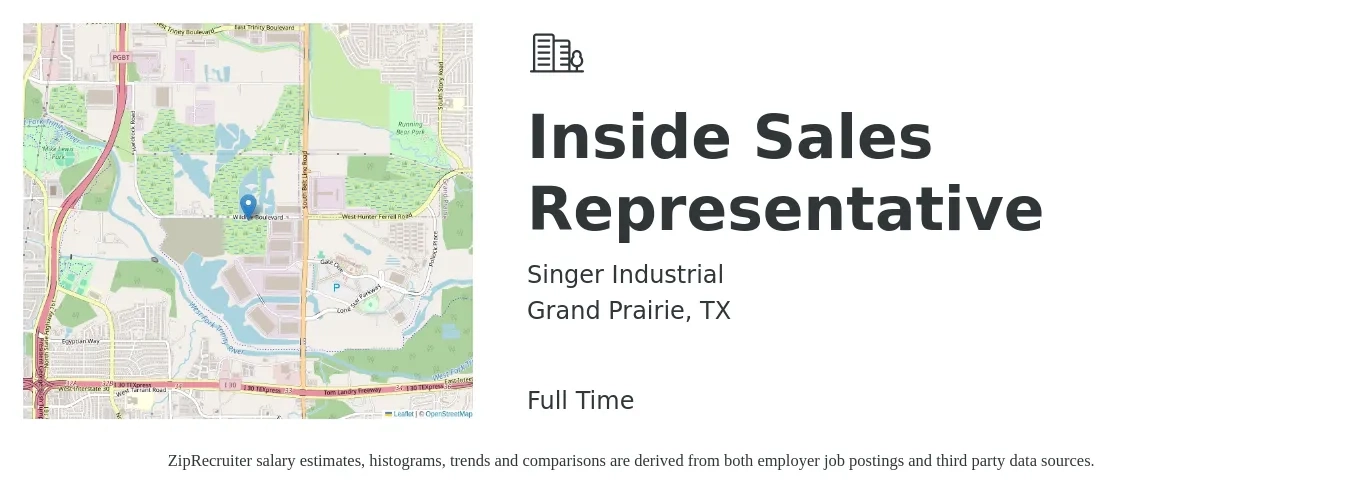 Singer Industrial job posting for a Inside Sales Representative in Grand Prairie, TX with a salary of $37,400 to $55,900 Yearly with a map of Grand Prairie location.