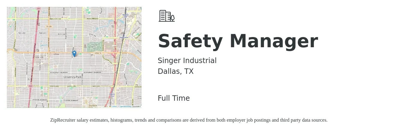 Singer Industrial job posting for a Safety Manager in Dallas, TX with a salary of $58,900 to $92,100 Yearly with a map of Dallas location.