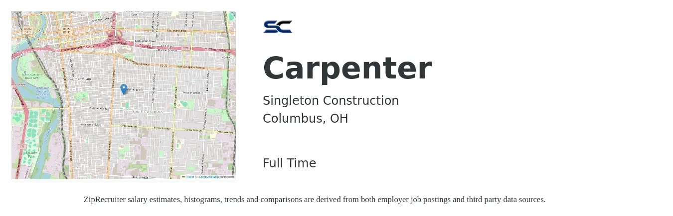 Singleton Construction job posting for a Carpenter in Columbus, OH with a salary of $21 to $28 Hourly with a map of Columbus location.