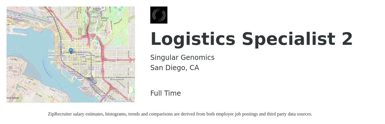 Singular Genomics job posting for a Logistics Specialist 2 in San Diego, CA with a salary of $22 to $32 Hourly with a map of San Diego location.