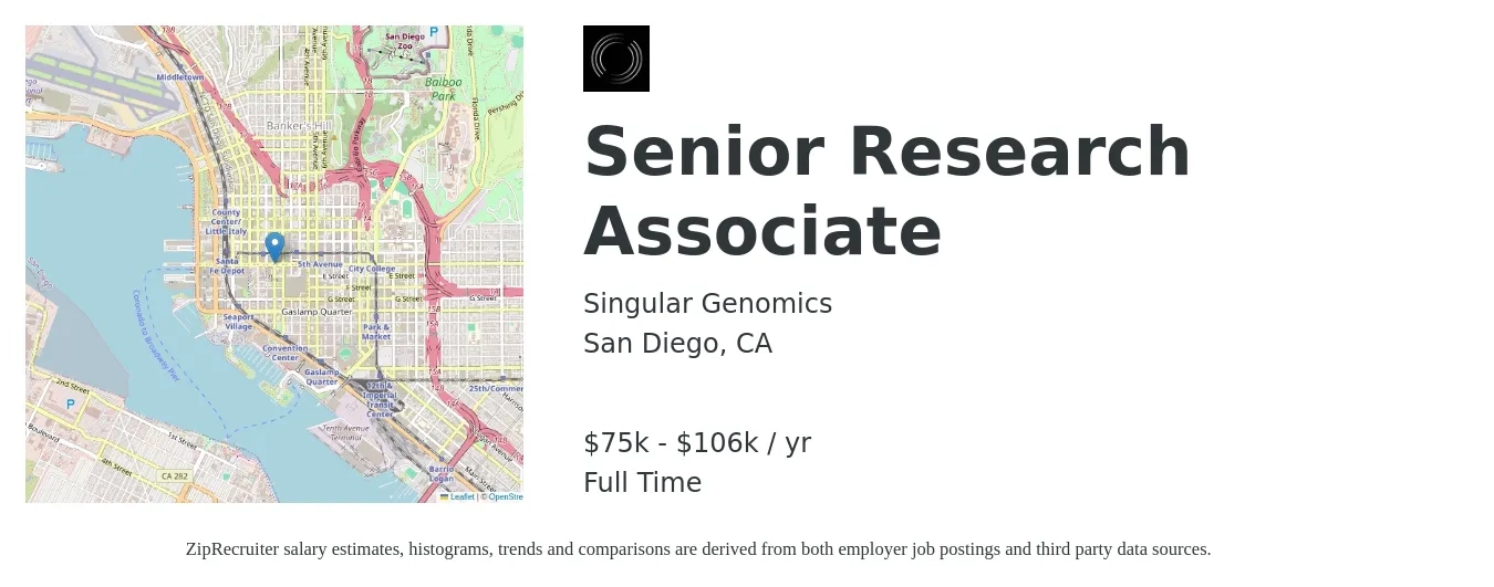 Singular Genomics job posting for a Senior Research Associate in San Diego, CA with a salary of $75,000 to $106,300 Yearly with a map of San Diego location.