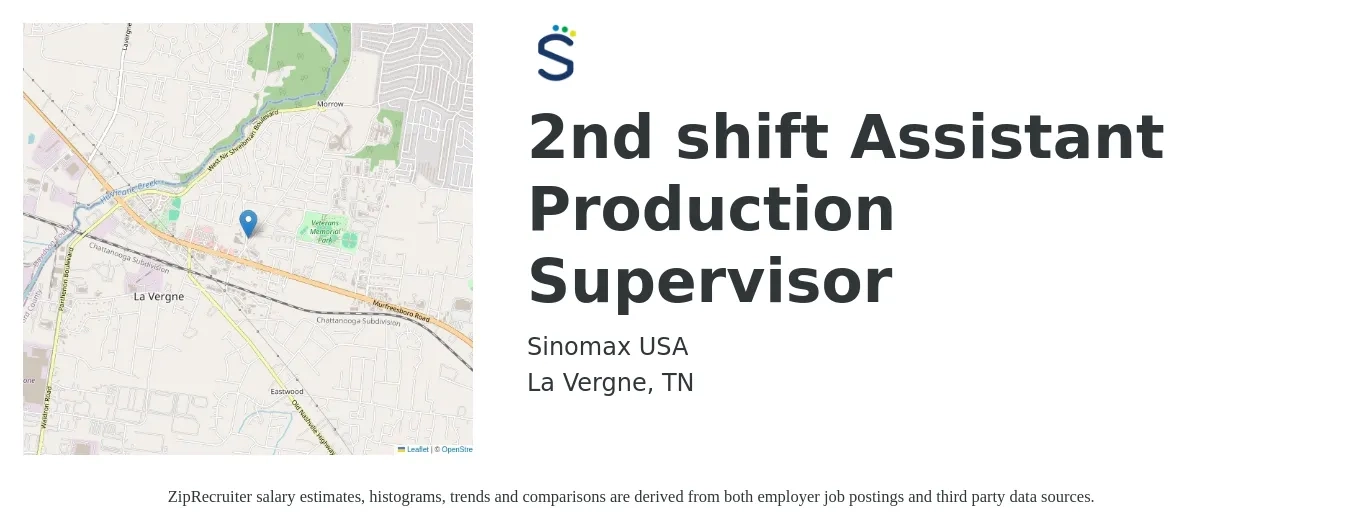 Sinomax USA job posting for a 2nd shift Assistant Production Supervisor in La Vergne, TN with a salary of $47,840 to $52,000 Yearly and benefits including medical, pto, retirement, vision, dental, and life_insurance with a map of La Vergne location.
