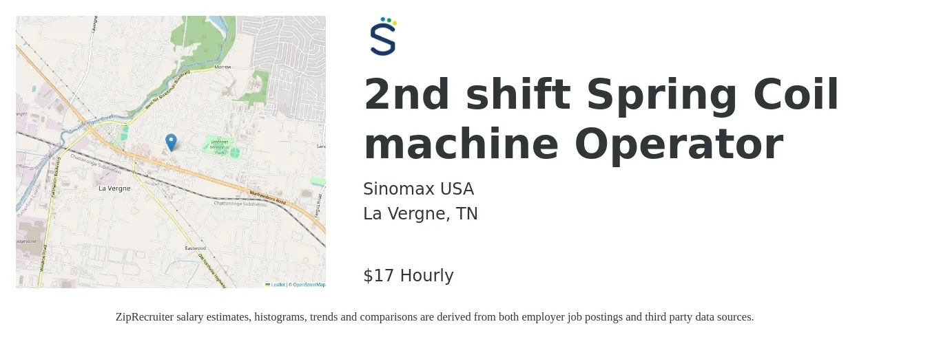 Sinomax USA job posting for a 2nd shift Spring Coil machine Operator in La Vergne, TN with a salary of $18 Hourly with a map of La Vergne location.