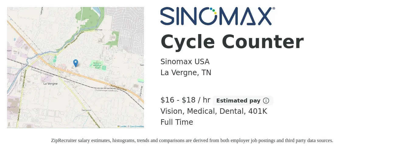 Sinomax USA job posting for a Cycle Counter in La Vergne, TN with a salary of $18 to $20 Hourly and benefits including life_insurance, medical, vision, 401k, and dental with a map of La Vergne location.