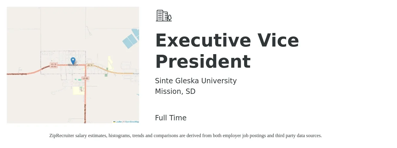 Sinte Gleska University job posting for a Executive Vice President in Mission, SD with a salary of $104,500 to $172,600 Yearly with a map of Mission location.