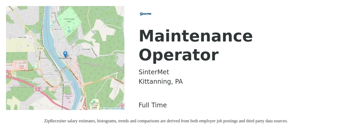 SinterMet job posting for a Maintenance Operator in Kittanning, PA with a salary of $18 to $23 Hourly with a map of Kittanning location.