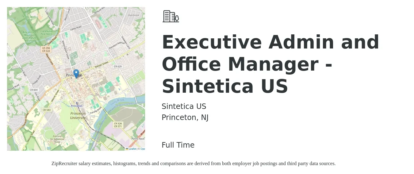 Sintetica US job posting for a Executive Admin and Office Manager - Sintetica US in Princeton, NJ with a salary of $24 to $38 Hourly with a map of Princeton location.
