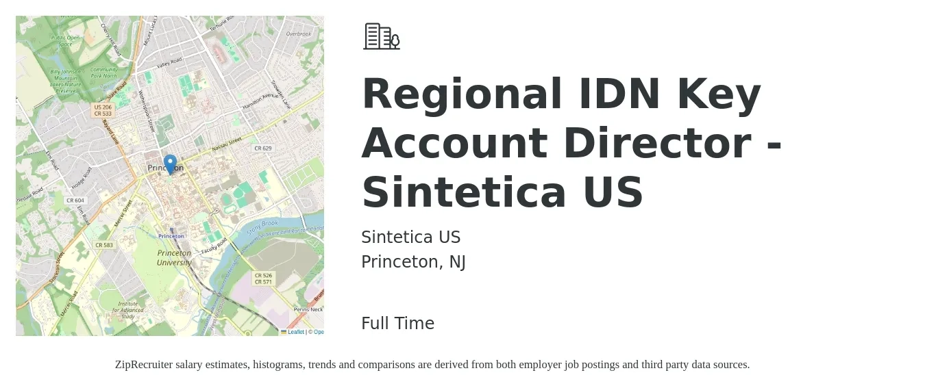 Sintetica US job posting for a Regional IDN Key Account Director - Sintetica US in Princeton, NJ with a salary of $114,200 to $221,500 Yearly with a map of Princeton location.