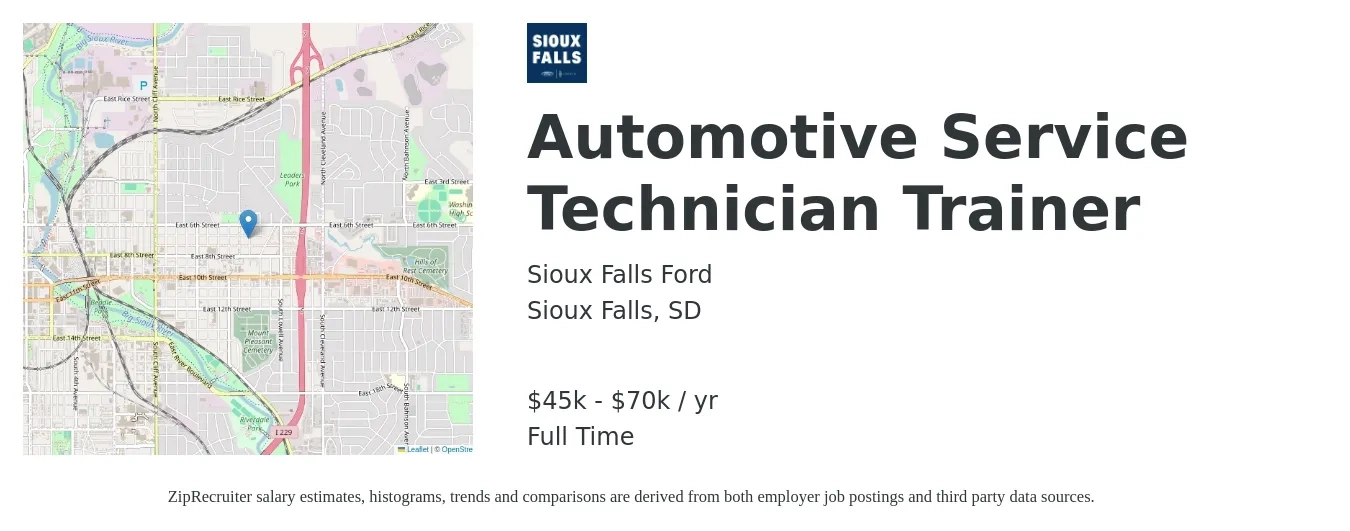Sioux Falls Ford job posting for a Automotive Service Technician Trainer in Sioux Falls, SD with a salary of $19 to $31 Hourly with a map of Sioux Falls location.