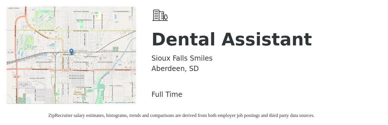 Sioux Falls Smiles job posting for a Dental Assistant in Aberdeen, SD with a salary of $18 to $23 Hourly with a map of Aberdeen location.