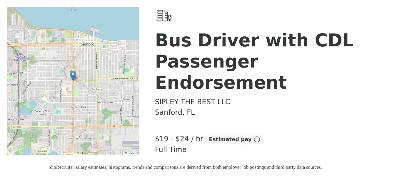Sipley the Best job posting for a Bus Driver with CDL Passenger Endorsement in Sanford, FL with a salary of $20 to $25 Hourly with a map of Sanford location.
