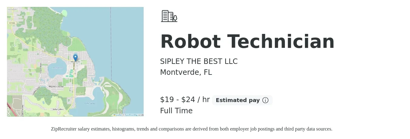 Sipley the Best job posting for a Robot Technician in Montverde, FL with a salary of $20 to $25 Hourly with a map of Montverde location.