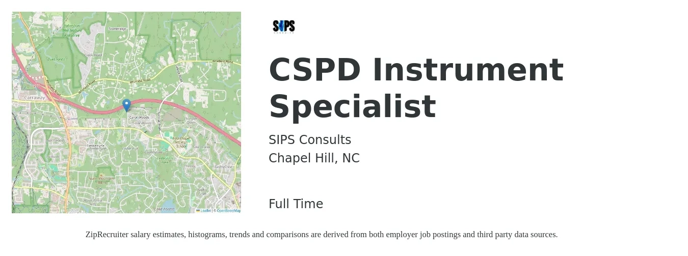 SIPS Consults job posting for a CSPD Instrument Specialist in Chapel Hill, NC with a salary of $20 to $26 Hourly with a map of Chapel Hill location.