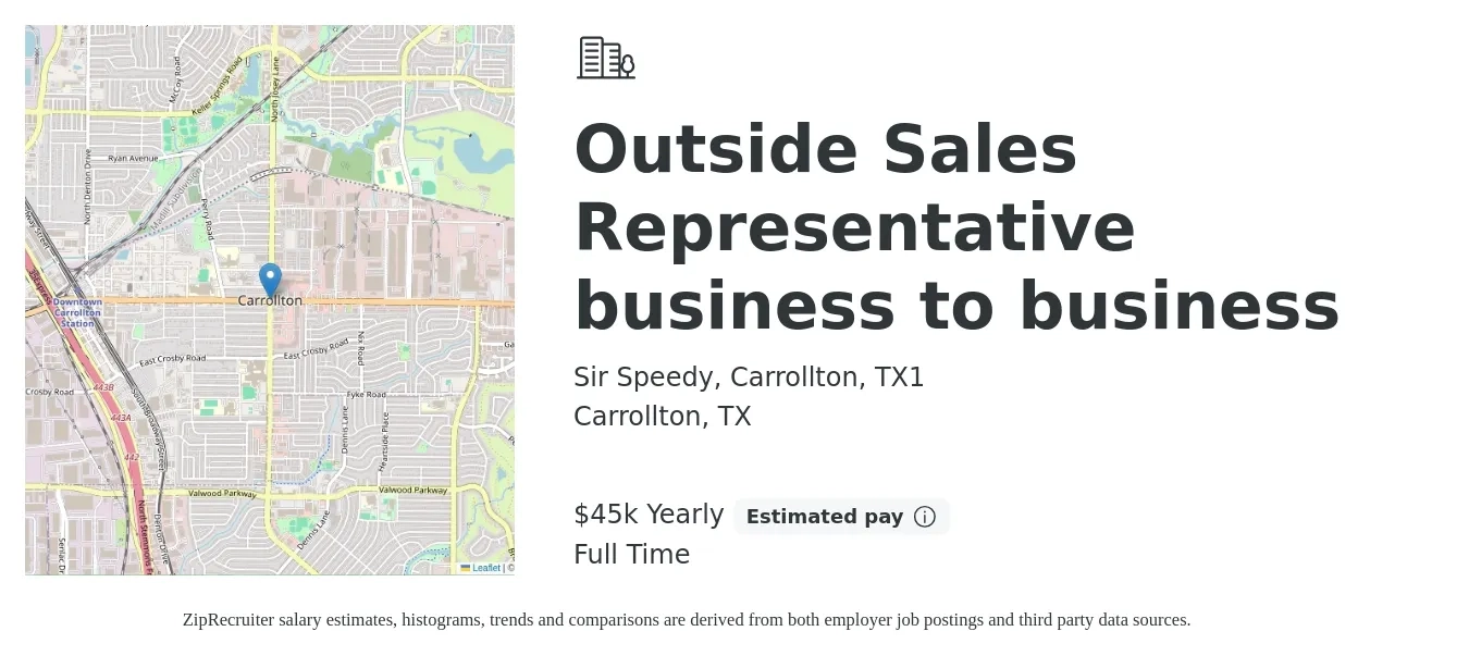 Sir Speedy, Carrollton, TX1 job posting for a Outside Sales Representative business to business in Carrollton, TX with a salary of $90,000 Yearly with a map of Carrollton location.