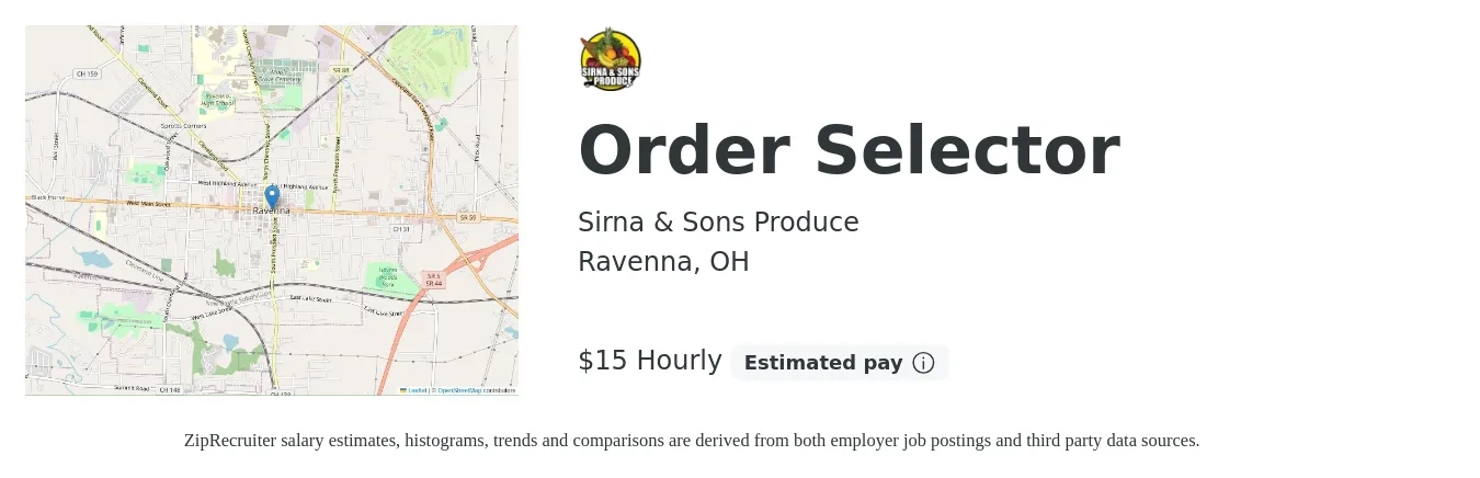 Sirna & Sons Produce job posting for a Order Selector in Ravenna, OH with a salary of $16 Hourly with a map of Ravenna location.