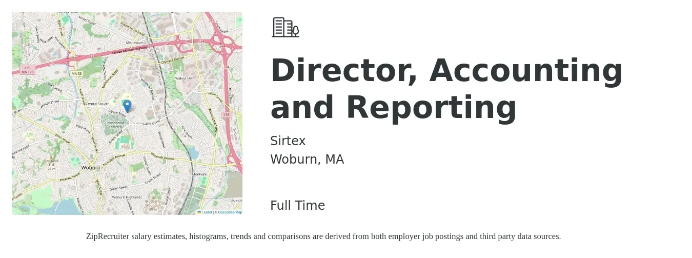 Sirtex job posting for a Director, Accounting and Reporting in Woburn, MA with a salary of $114,900 to $175,000 Yearly with a map of Woburn location.