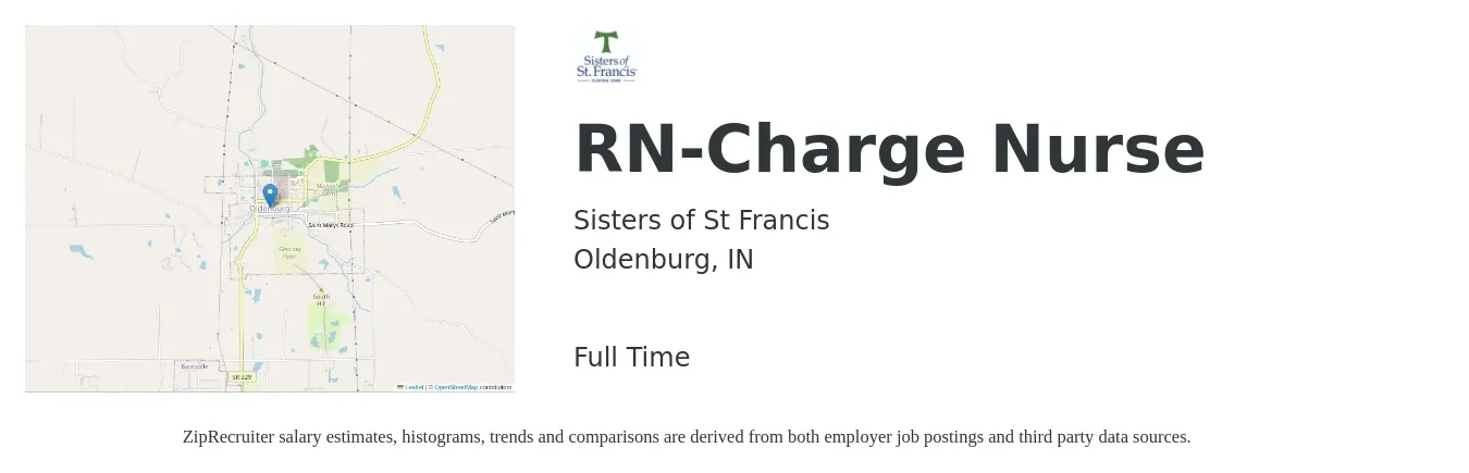 Sisters of St. Francis job posting for a RN-Charge Nurse in Oldenburg, IN with a salary of $28 to $36 Hourly with a map of Oldenburg location.