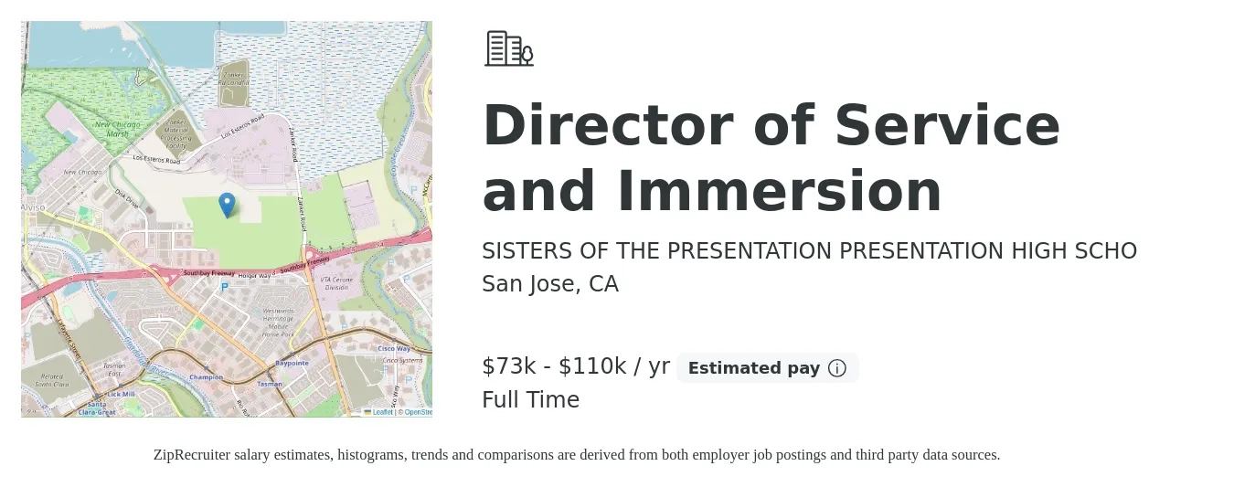SISTERS OF THE PRESENTATION PRESENTATION HIGH SCHO job posting for a Director of Service and Immersion in San Jose, CA with a salary of $73,000 to $110,000 Yearly with a map of San Jose location.
