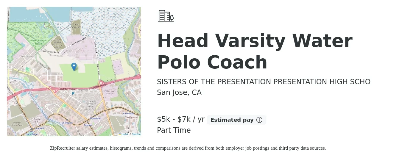 SISTERS OF THE PRESENTATION PRESENTATION HIGH SCHO job posting for a Head Varsity Water Polo Coach in San Jose, CA with a salary of $5,750 to $7,750 Yearly with a map of San Jose location.