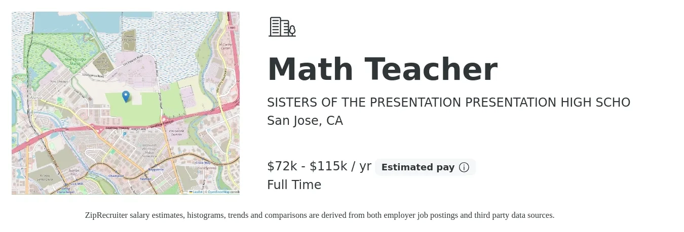 SISTERS OF THE PRESENTATION PRESENTATION HIGH SCHO job posting for a Math Teacher in San Jose, CA with a salary of $72,000 to $115,000 Yearly with a map of San Jose location.