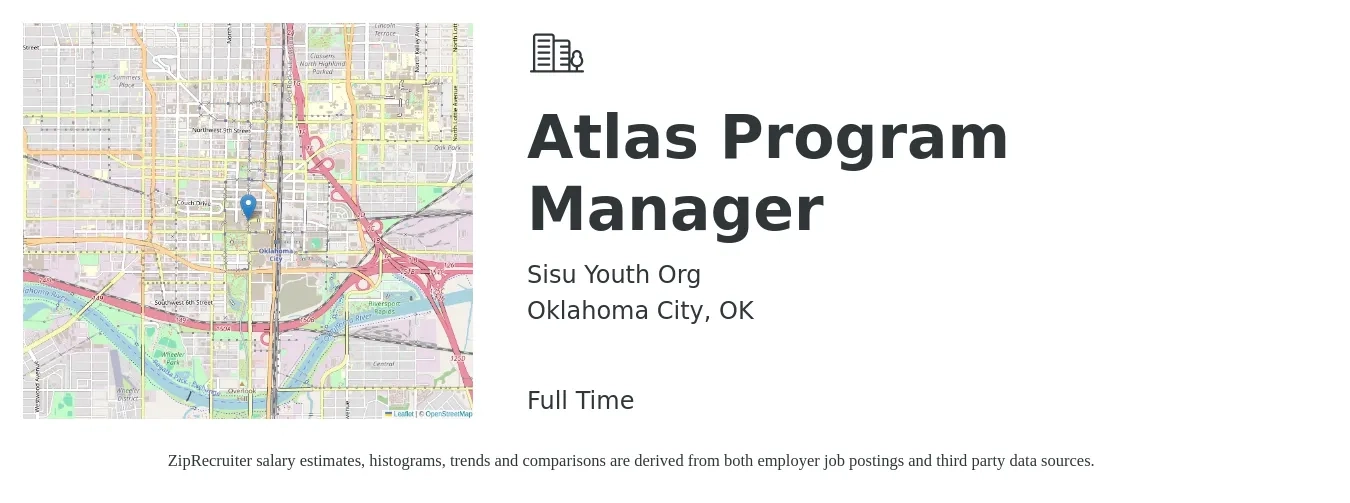 Sisu Youth Org job posting for a Atlas Program Manager in Oklahoma City, OK with a salary of $40,000 to $45,000 Yearly with a map of Oklahoma City location.