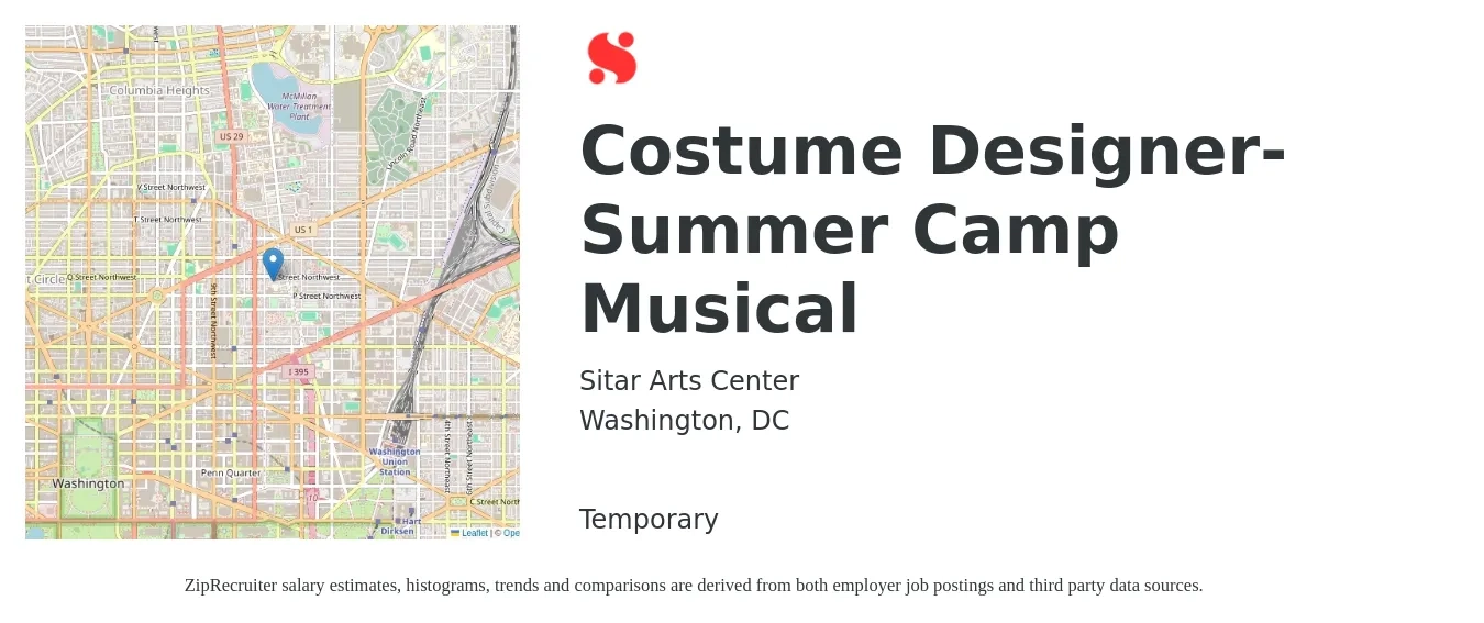 Sitar Arts Center job posting for a Costume Designer- Summer Camp Musical in Washington, DC with a salary of $2,800 Weekly with a map of Washington location.