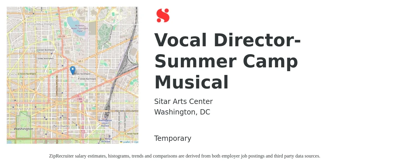 Sitar Arts Center job posting for a Vocal Director- Summer Camp Musical in Washington, DC with a salary of $3,000 Weekly with a map of Washington location.