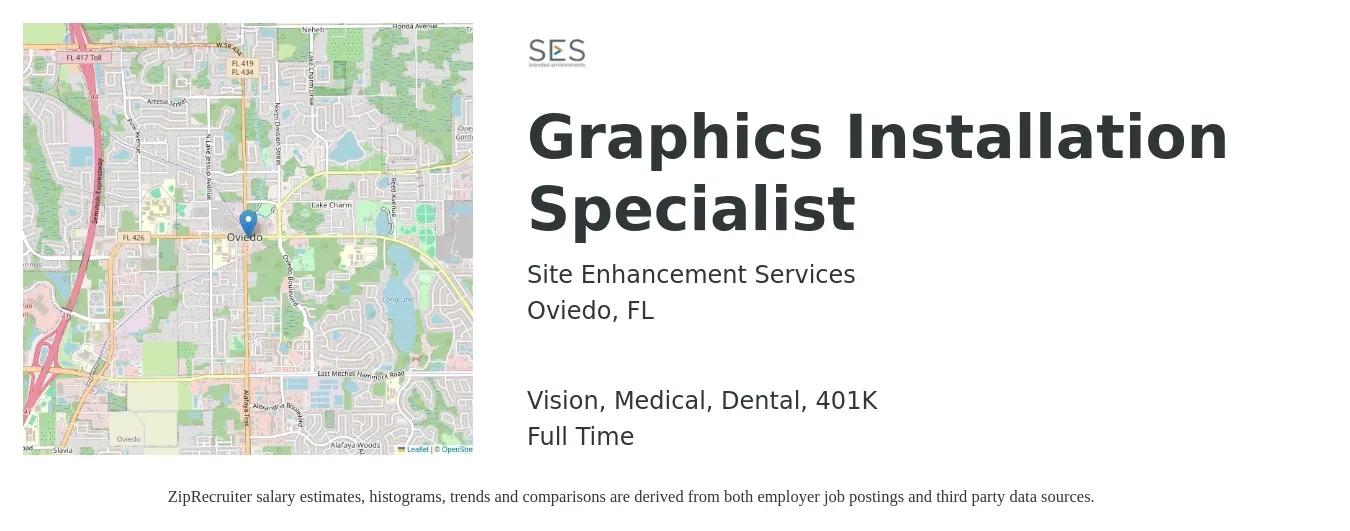 Site Enhancement Services job posting for a Graphics Installation Specialist in Oviedo, FL with a salary of $16 to $24 Hourly and benefits including medical, vision, 401k, dental, and life_insurance with a map of Oviedo location.