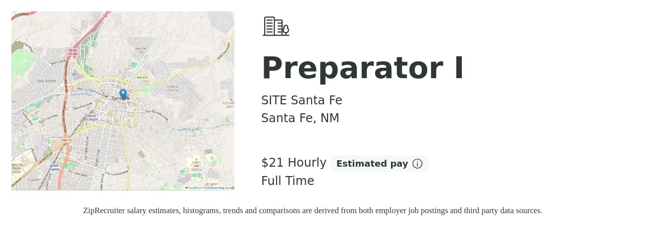 SITE Santa Fe job posting for a Preparator I in Santa Fe, NM with a salary of $23 Hourly with a map of Santa Fe location.
