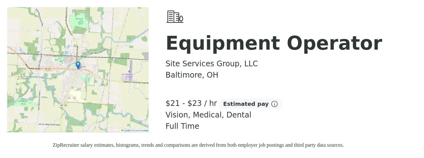 Site Services Group, LLC job posting for a Equipment Operator in Baltimore, OH with a salary of $22 to $24 Hourly and benefits including dental, life_insurance, medical, retirement, and vision with a map of Baltimore location.