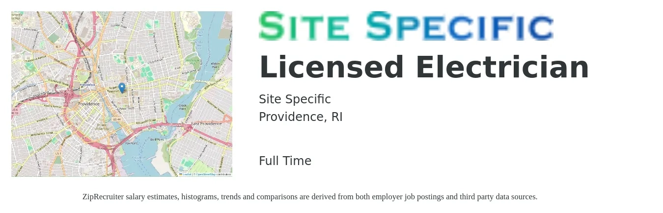 Site Specific job posting for a Licensed Electrician in Providence, RI with a salary of $28 to $41 Hourly with a map of Providence location.