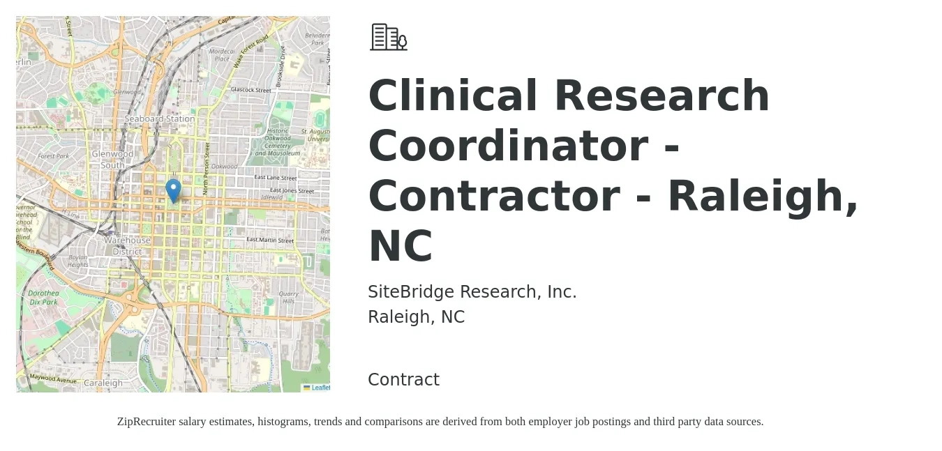 SiteBridge Research, Inc. job posting for a Clinical Research Coordinator - Contractor - Raleigh, NC in Raleigh, NC with a salary of $28 to $36 Hourly with a map of Raleigh location.