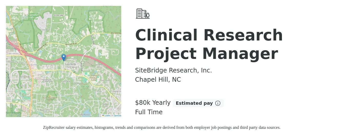 SiteBridge Research, Inc. job posting for a Clinical Research Project Manager in Chapel Hill, NC with a salary of $80,000 Yearly with a map of Chapel Hill location.