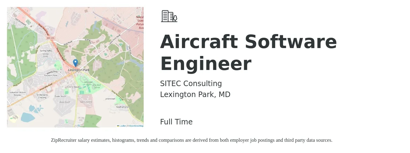 SITEC Consulting job posting for a Aircraft Software Engineer in Lexington Park, MD with a salary of $116,500 to $168,000 Yearly with a map of Lexington Park location.