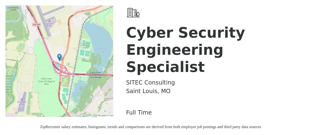 SITEC Consulting job posting for a Cyber Security Engineering Specialist in Saint Louis, MO with a salary of $76,300 to $108,900 Yearly with a map of Saint Louis location.