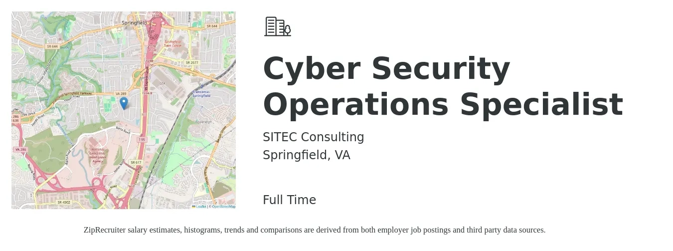 SITEC Consulting job posting for a Cyber Security Operations Specialist in Springfield, VA with a salary of $82,000 to $117,000 Yearly with a map of Springfield location.