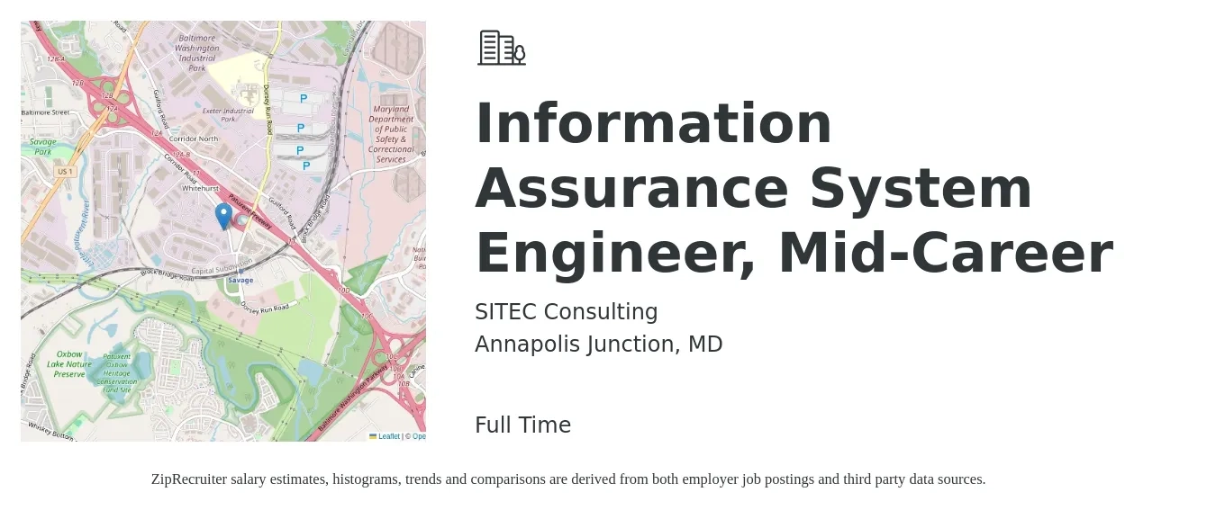 SITEC Consulting job posting for a Information Assurance System Engineer, Mid-Career in Annapolis Junction, MD with a salary of $117,500 to $147,100 Yearly with a map of Annapolis Junction location.