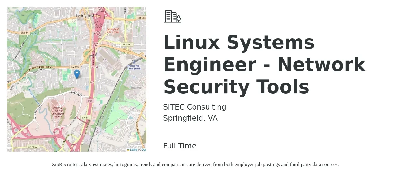 SITEC Consulting job posting for a Linux Systems Engineer - Network Security Tools in Springfield, VA with a salary of $50 to $63 Hourly with a map of Springfield location.