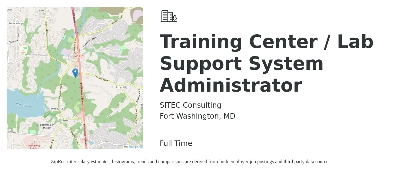SITEC Consulting job posting for a Training Center / Lab Support System Administrator in Fort Washington, MD with a salary of $69,800 to $103,700 Yearly with a map of Fort Washington location.