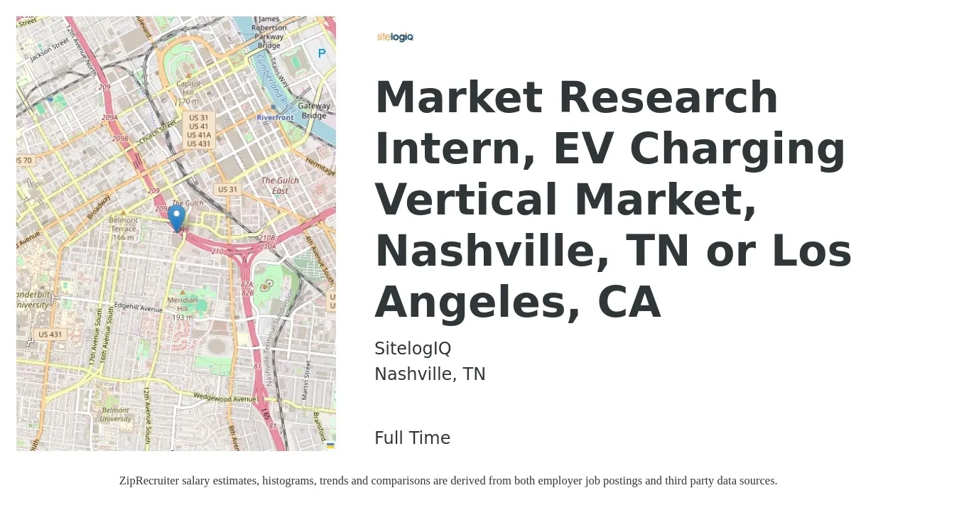 SitelogIQ job posting for a Market Research Intern, EV Charging Vertical Market, Nashville, TN or Los Angeles, CA in Nashville, TN with a salary of $2,900 to $7,240 Monthly with a map of Nashville location.