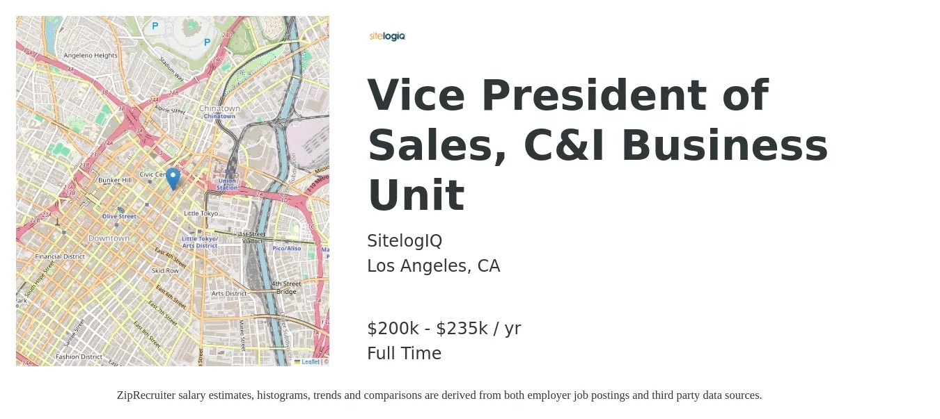 SitelogIQ job posting for a Vice President of Sales, C&I Business Unit in Los Angeles, CA with a salary of $200,000 to $235,000 Yearly with a map of Los Angeles location.