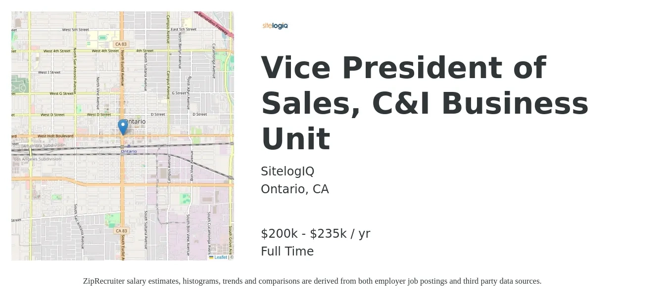 SitelogIQ job posting for a Vice President of Sales, C&I Business Unit in Ontario, CA with a salary of $200,000 to $235,000 Yearly with a map of Ontario location.