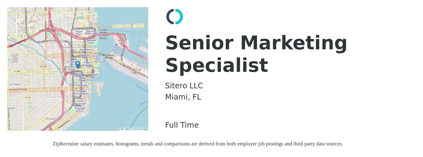 Sitero LLC job posting for a Senior Marketing Specialist in Miami, FL with a salary of $70,000 to $80,000 Yearly with a map of Miami location.