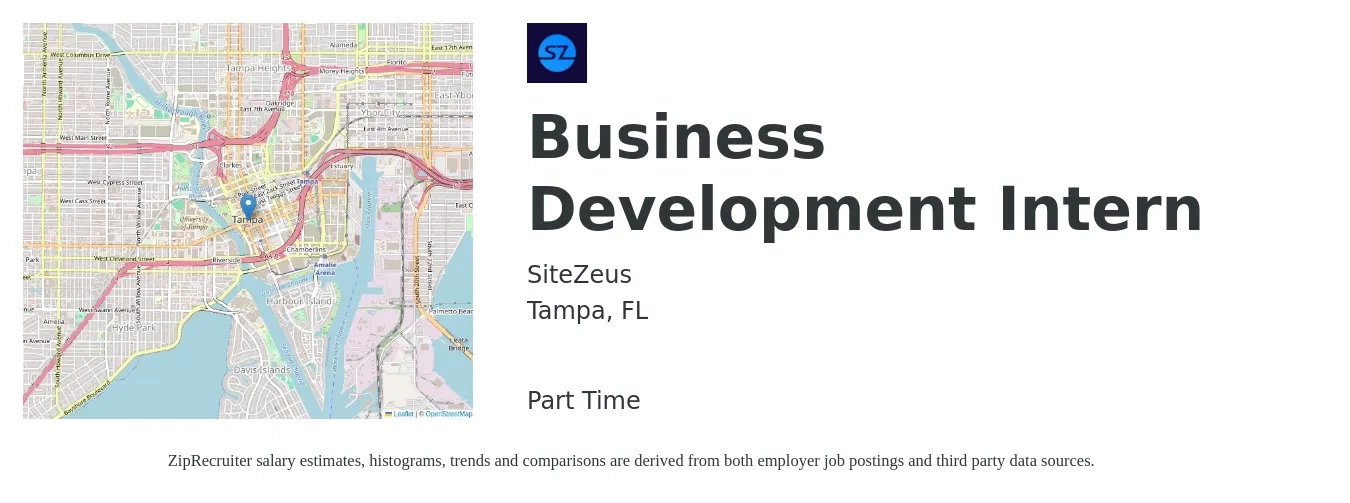 SiteZeus job posting for a Business Development Intern in Tampa, FL with a salary of $12 Hourly with a map of Tampa location.