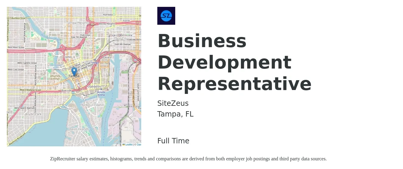 SiteZeus job posting for a Business Development Representative in Tampa, FL with a salary of $50,000 to $70,000 Yearly with a map of Tampa location.