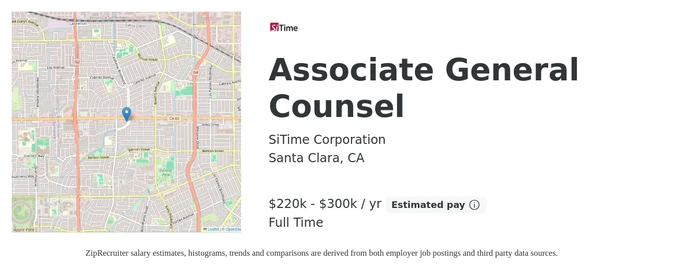 SiTime Corporation job posting for a Associate General Counsel in Santa Clara, CA with a salary of $220,000 to $300,000 Yearly with a map of Santa Clara location.